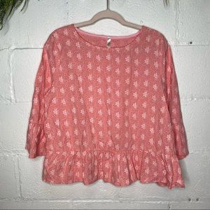 Red Lolly Pink & White Eyelet Ruffle Peplum Hem 3/4 Sleeve Blouse Size Large 🌸